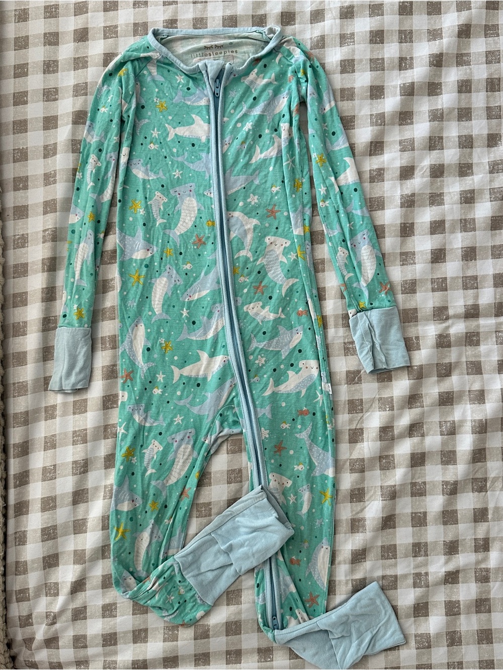 Little Sleepies Mint Green Shark Print Zip Footed Pajamas - Foldover